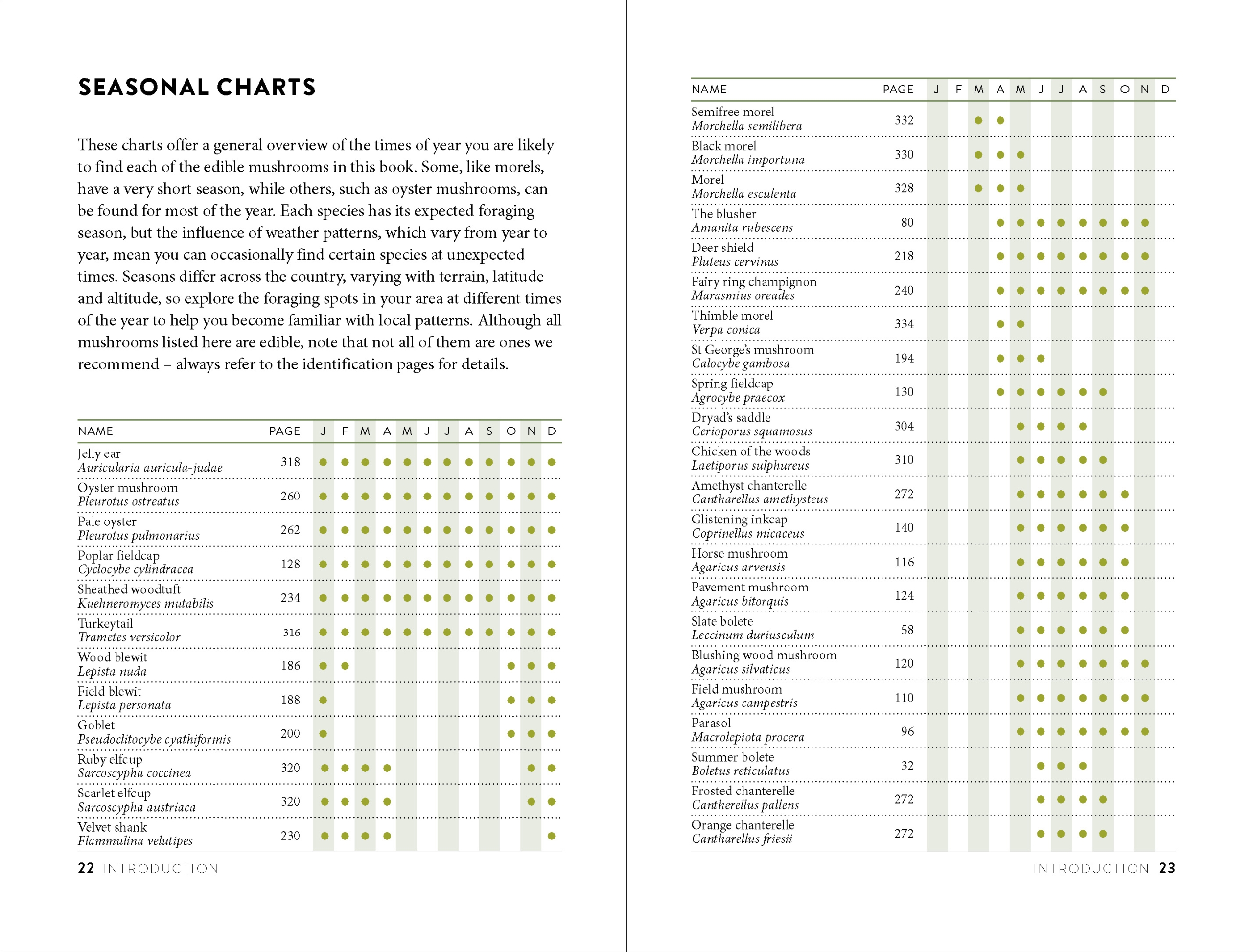 Mushroom foraging guide example pages: Seasonal chart